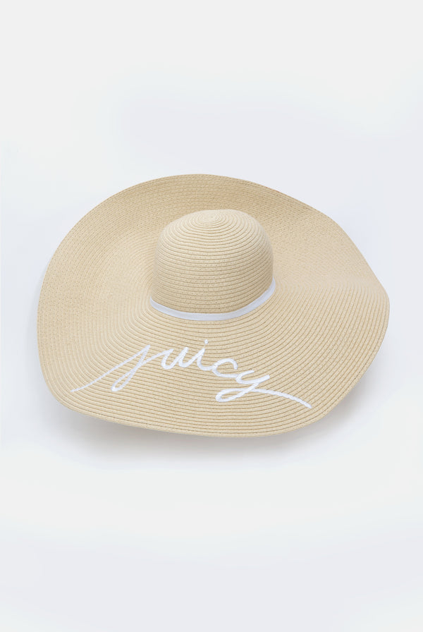 WHITE EMBROIDERED OVERSIZED STRAW HAT