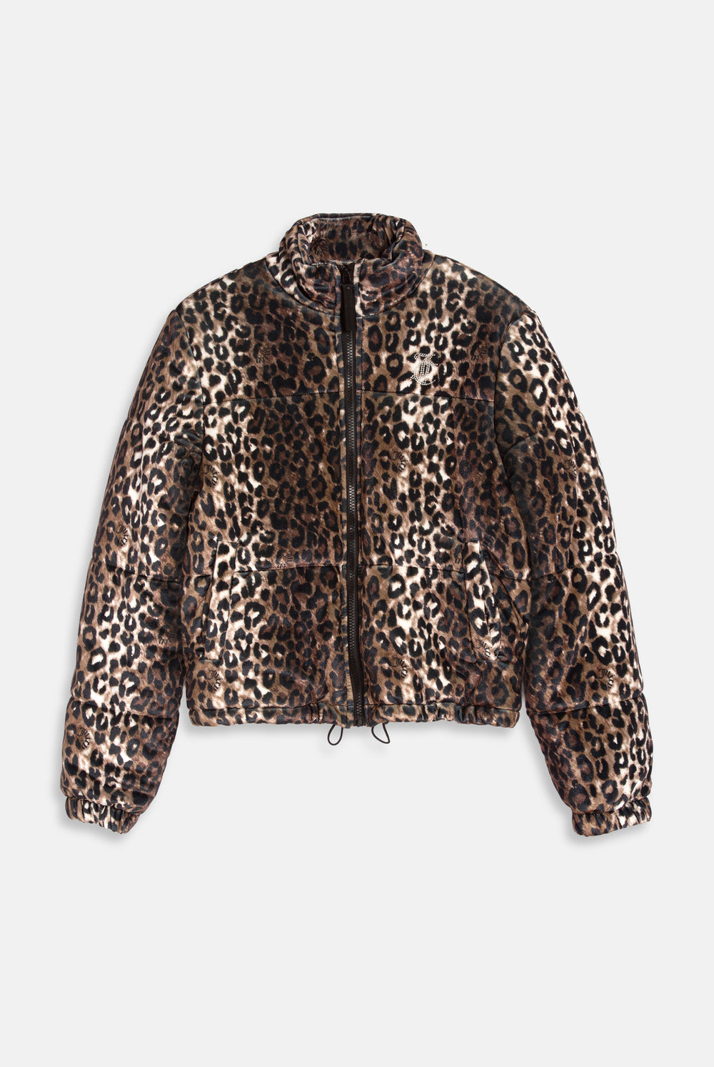 Displays the leopard print velour 'Juicy' branded puffa jacket 