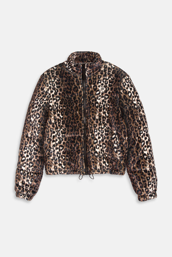 Displays the leopard print velour 'Juicy' branded puffa jacket 