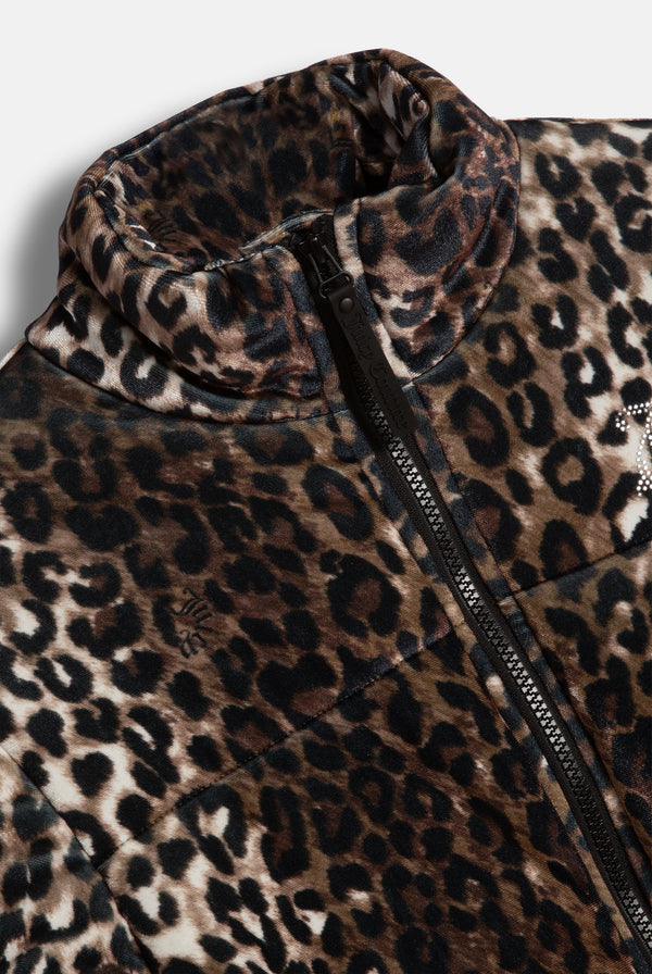 Displays the leopard print velour 'Juicy' branded puffa jacket