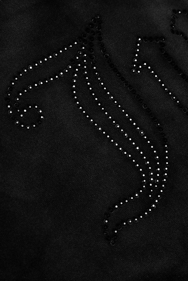 Displays the Black outline 'Juicy' branded diamanté oversized cropped hoodie featuring the juicy branding