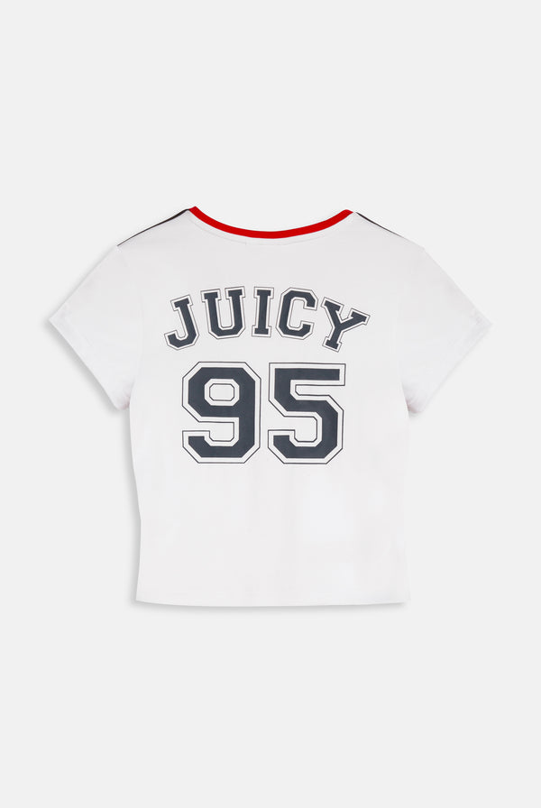 Displays the White 'Juicy' branded Juicy Wag V Neck T-Shirt featuring the juicy 95 branding 