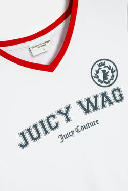Displays a model wearing the White 'Juicy' branded Juicy Wag V Neck T-Shirt featuring the juicy wag branding 