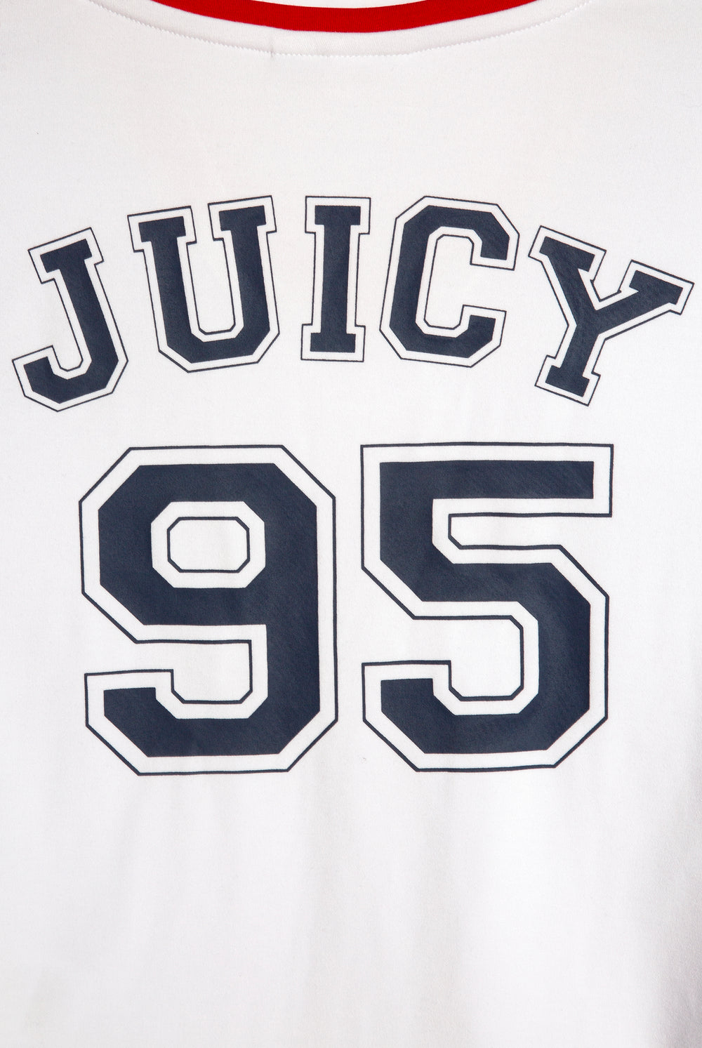 Displays the White 'Juicy' branded Juicy Wag V Neck T-Shirt featuring the juicy 95 branding 
