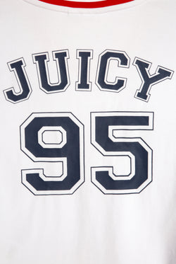 Displays the White 'Juicy' branded Juicy Wag V Neck T-Shirt featuring the juicy 95 branding 