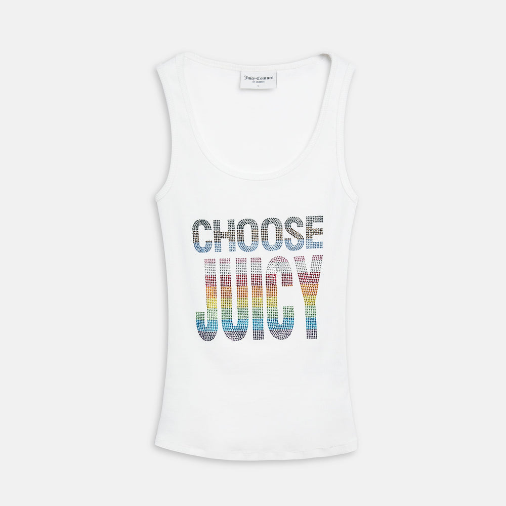 Displays the White 'Juicy' branded Choose juicy vest top 