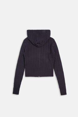 Displays the Night Sky 'Juicy' branded Cable Knit Zip Up Hoodie