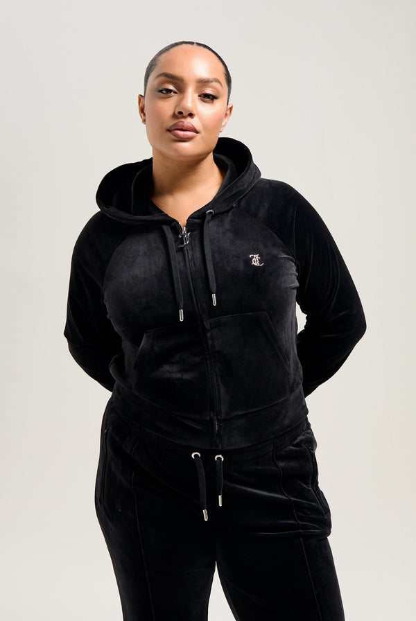 AQUARIUS' BLACK DIAMANTÉ VELOUR ZIP-THROUGH HOODIE