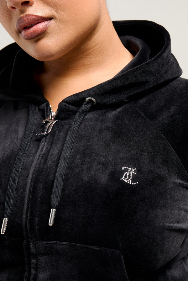 AQUARIUS' BLACK DIAMANTÉ VELOUR ZIP-THROUGH HOODIE