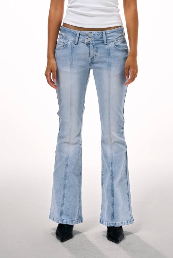 LIGHT WASH LOW RISE FLARED EMBROIDERED JEANS