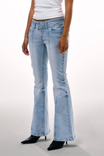 LIGHT WASH LOW RISE FLARED EMBROIDERED JEANS