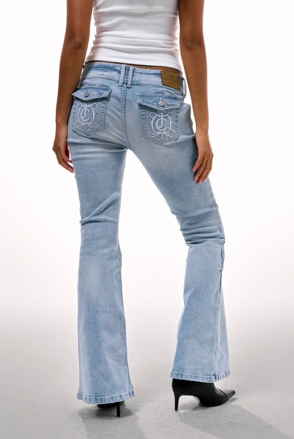 LIGHT WASH LOW RISE FLARED EMBROIDERED JEANS