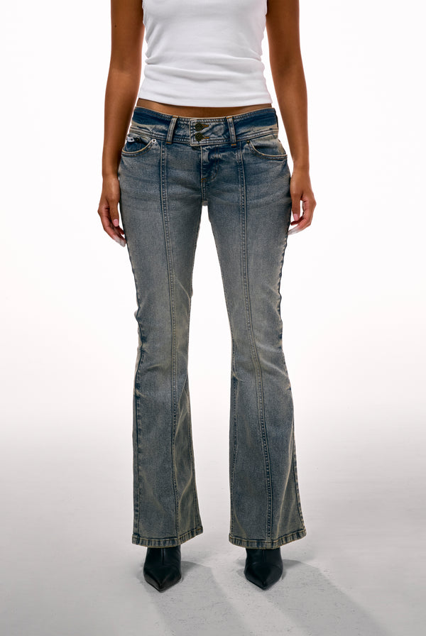 VINTAGE WASH LOW RISE FLARED EMBROIDERED JEANS