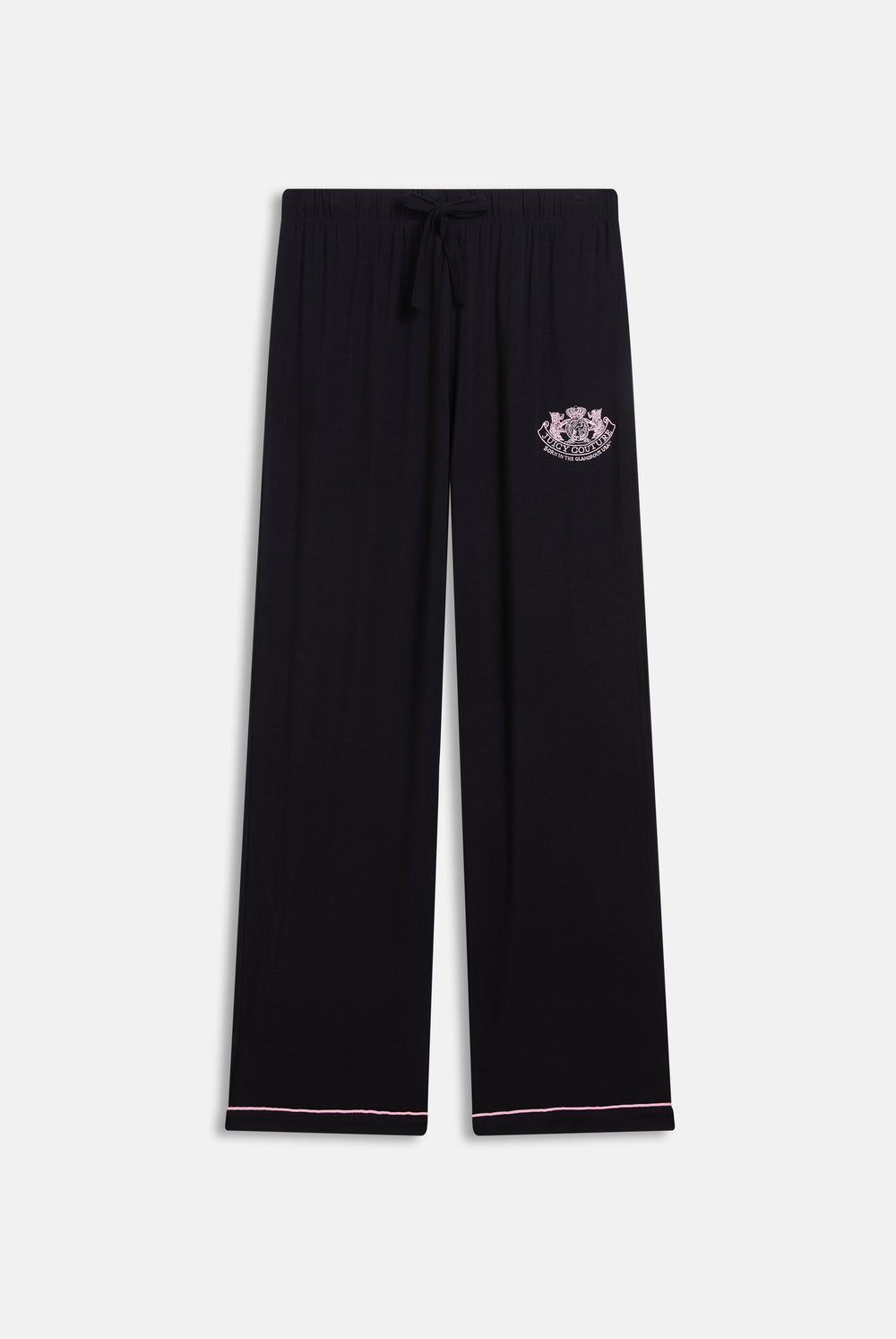 Displays the Black 'Juicy' branded Juicy Dog crest bottoms included in the pyjama set 