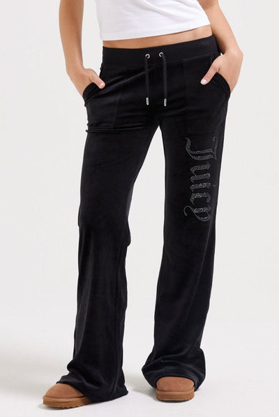 BLACK LOW RISE JEWELLED CLASSIC VELOUR TRACK PANT