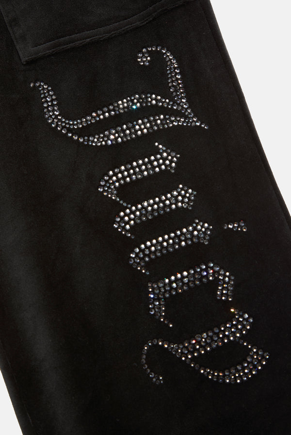 BLACK LOW RISE JEWELLED CLASSIC VELOUR TRACK PANT