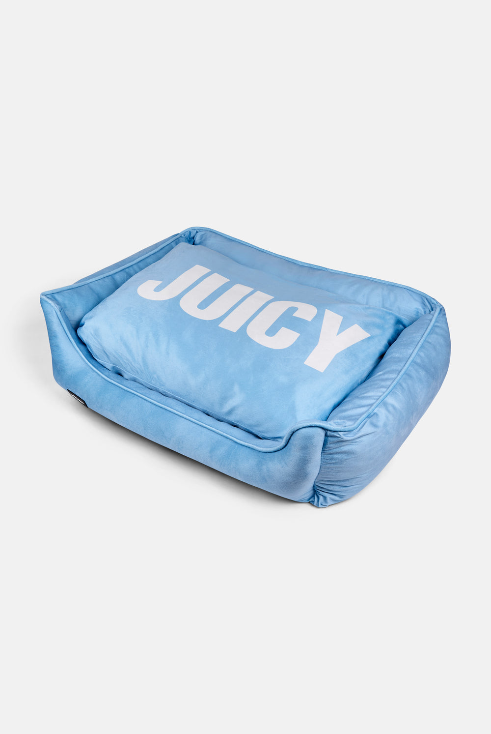 Displays the Powder Blue 'Juicy' branded Pet Bed