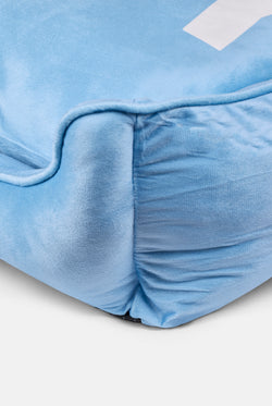 Displays the Powder Blue 'Juicy' branded Pet Bed featuring the details 