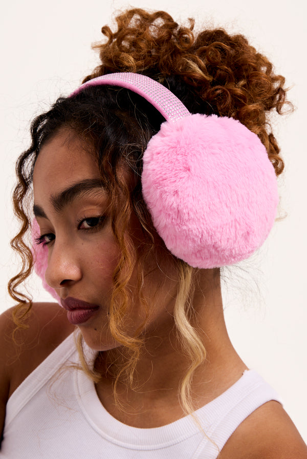 BEGONIA PINK DIAMANTE FAUX FUR EAR MUFFS