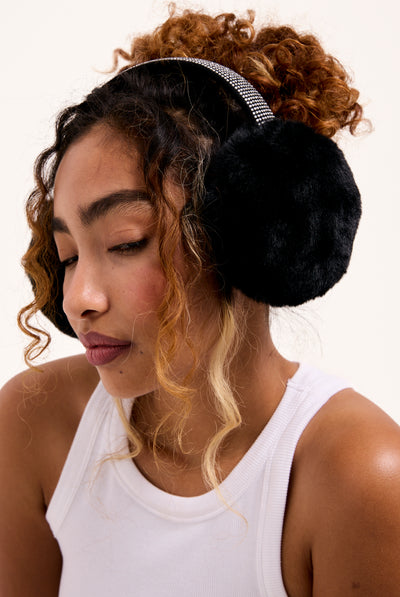 BLACK DIAMANTE FAUX FUR  EAR MUFFS