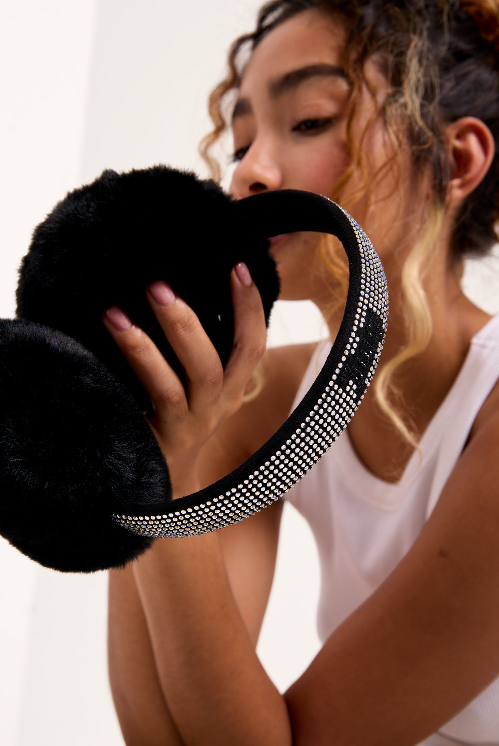 BLACK DIAMANTÉ FAUX FUR  EAR MUFFS