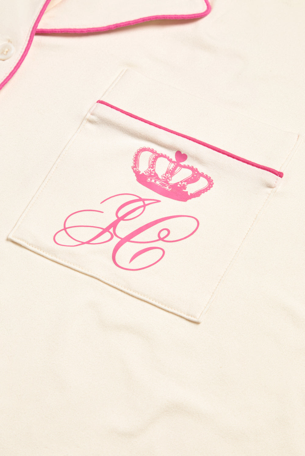Displays the Marshmallow 'Juicy' branded Crown Shirt Pyjama Set featuring the details on the juicy Couture branding