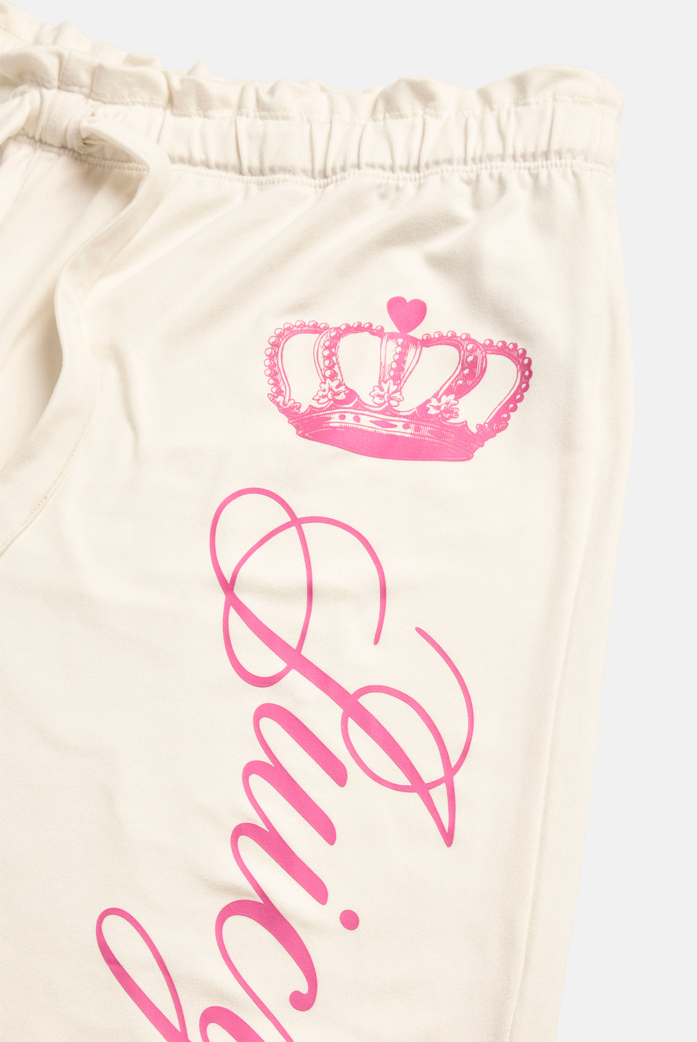 Displays the Marshmallow 'Juicy' branded Crown Shirt Pyjama Set featuring the details on the juicy couture branding 