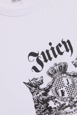 Displays the White 'Juicy' branded Dog Crest graphic tee featuring the juicy branding