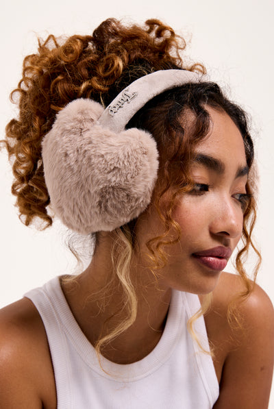 WARM TAUPE FAUX FUR HEART EAR MUFFS