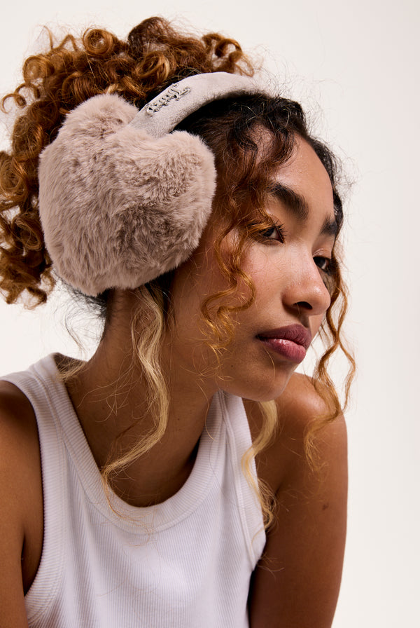WARM TAUPE FAUX FUR HEART EAR MUFFS