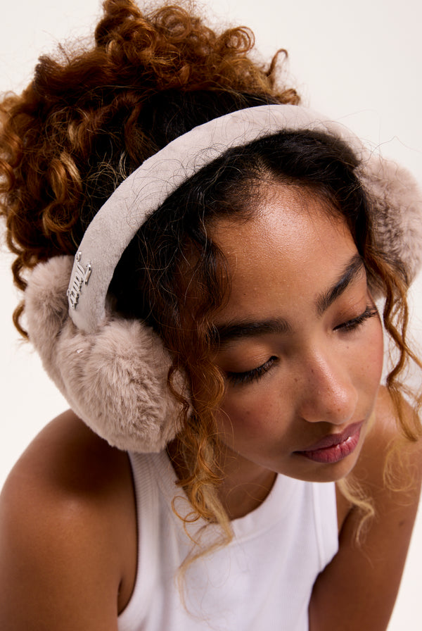 WARM TAUPE FAUX FUR HEART EAR MUFFS