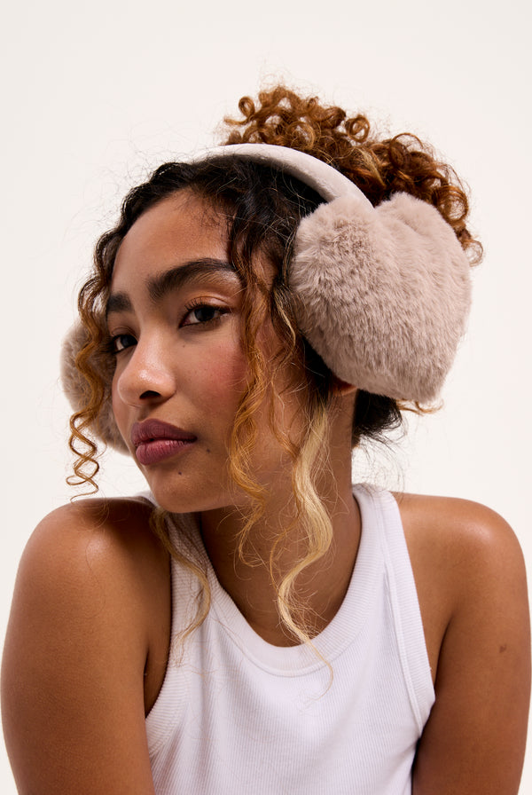 WARM TAUPE FAUX FUR HEART EAR MUFFS