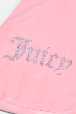 Displays the Juicy Pink 'Juicy' branded Gothic Diamante Pet Hoodie featuring the juicy branding details 