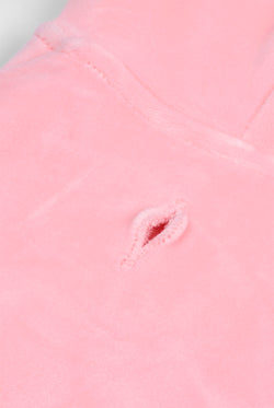 Displays the Juicy Pink 'Juicy' branded Gothic Diamante Pet Hoodie featuring the details 