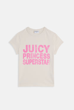 Displays the White 'Juicy' branded Princess Superstar Washed T-Shirt