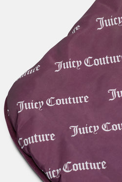 Displays the Winetasting 'juicy' branded Pet Puffer Jacket featuring the details on the juicy Couture branding 