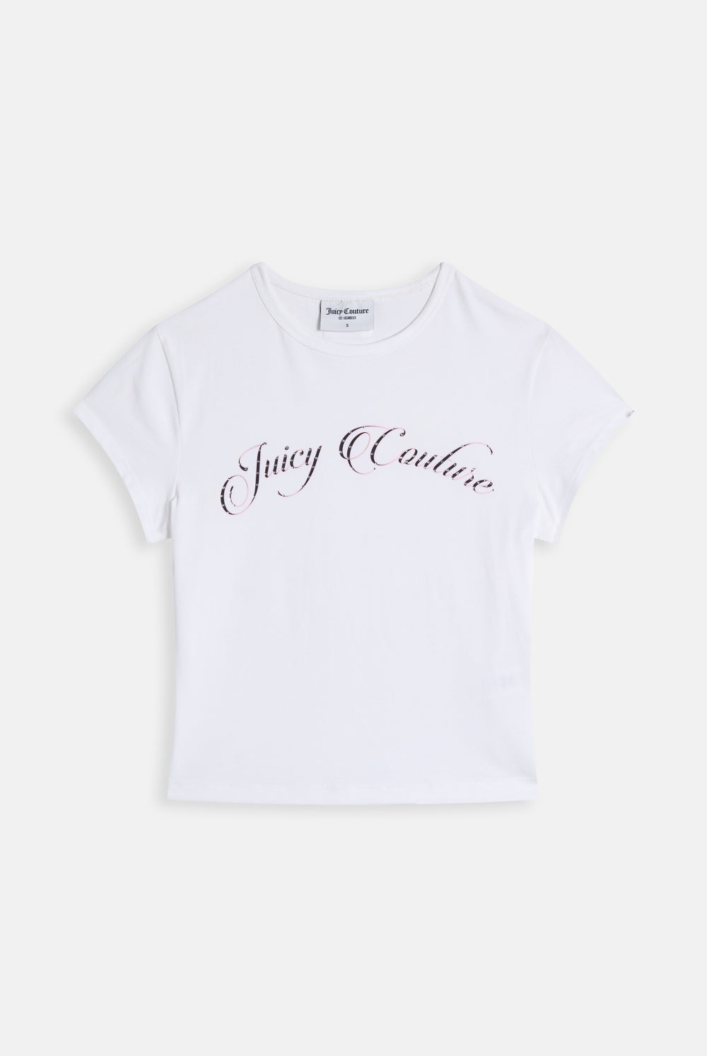 Displays the White 'Juicy' branded Script Baby T-Shirt