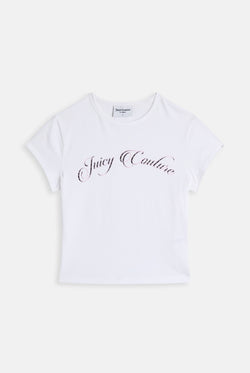 Displays the White 'Juicy' branded Script Baby T-Shirt