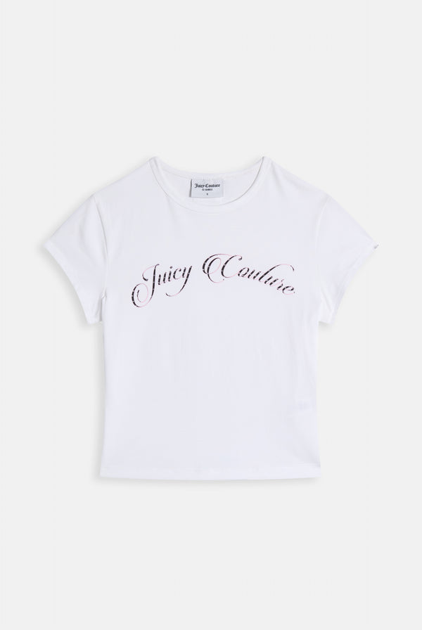 Displays the White 'Juicy' branded Script Baby T-Shirt