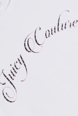 Displays the White 'Juicy' branded Script Baby T-Shirt featuring the juicy couture branding
