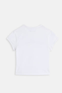 Displays the White 'Juicy' branded Script Baby T-Shirt