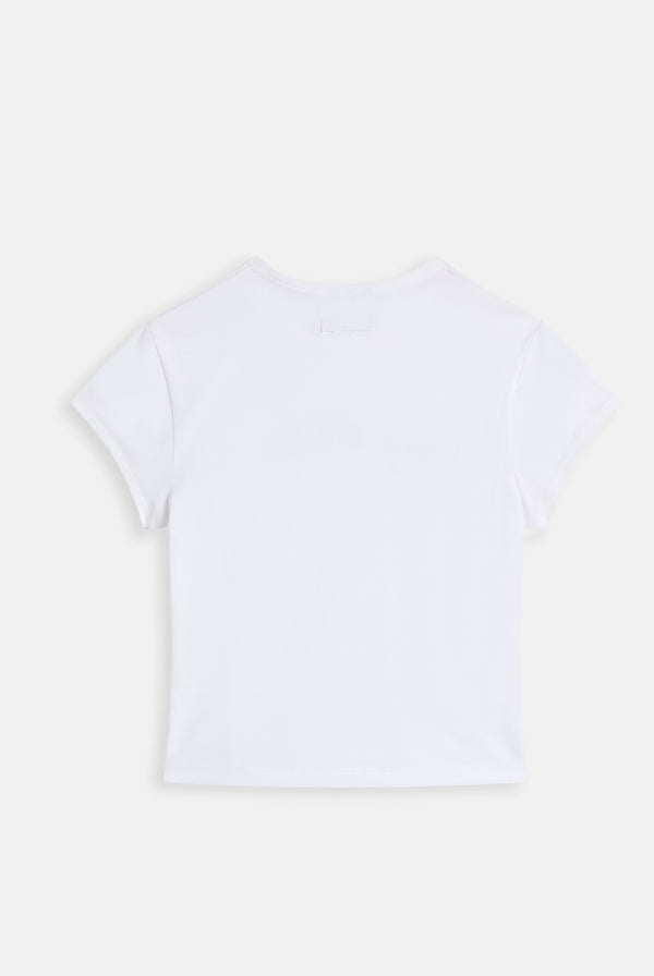Displays the White 'Juicy' branded Script Baby T-Shirt