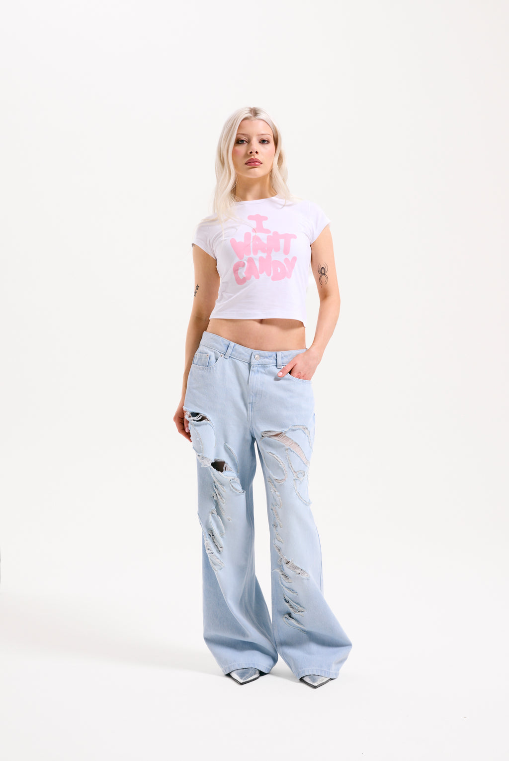 BLEACHED DENIM DISTRESSED WIDE LEG JEANS