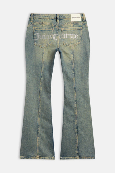 VINTAGE WASH DIAMANTE DENIM FLARED JEANS
