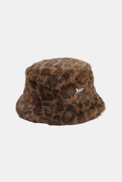 Displays the Leopard Print 'Juicy' branded Plaque Fur Bucket Hat
