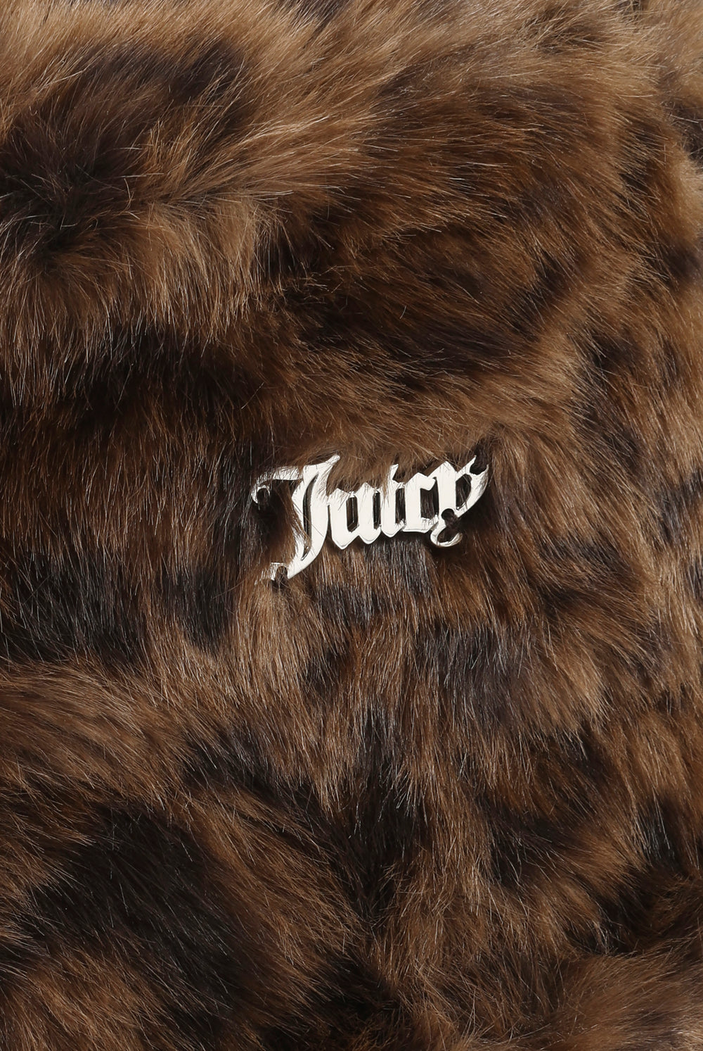 Displays the Leopard Print 'Juicy' branded Plaque Fur Bucket Hat featuring the details on the juicy branding