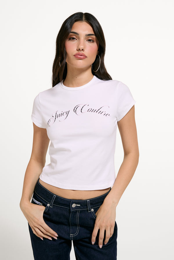 Displays the White 'Juicy' branded Script Baby T-Shirt
