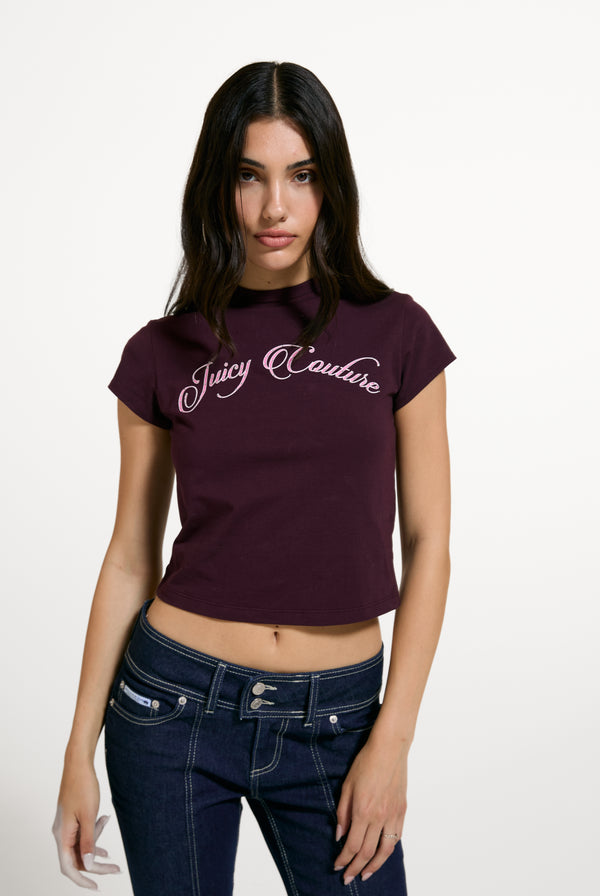 Displays a model wearing the Winetasting 'Juicy' branded Script Baby T-Shirt