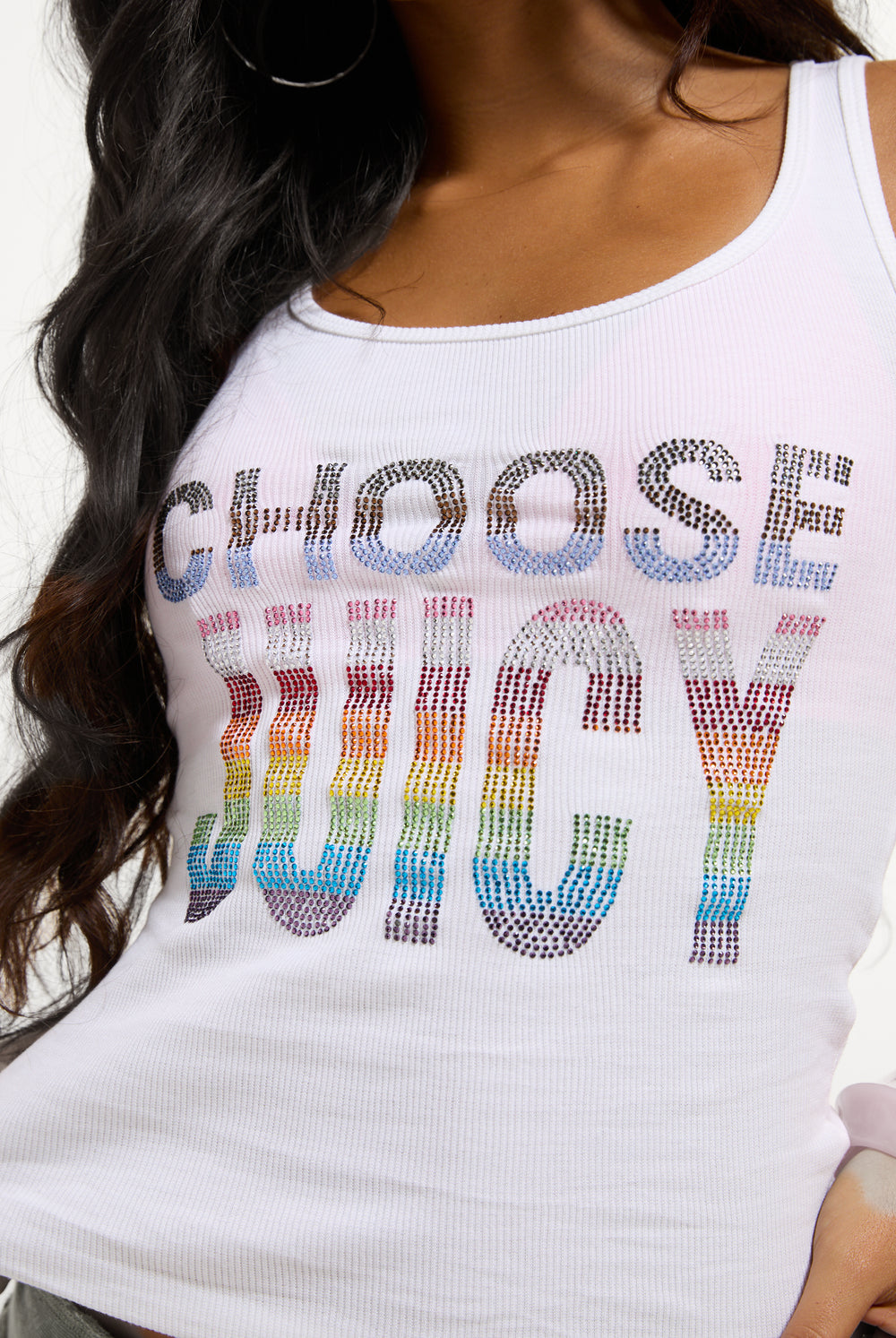 Displays a model wearing the White 'Juicy' branded Choose juicy vest top 