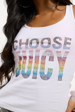 Displays a model wearing the White 'Juicy' branded Choose juicy vest top 